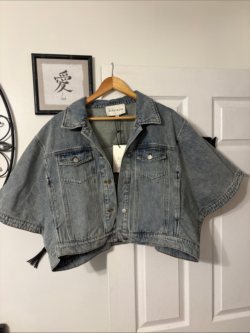 MIOU MUSE Cropped Light Wash Denim Jacket Cape